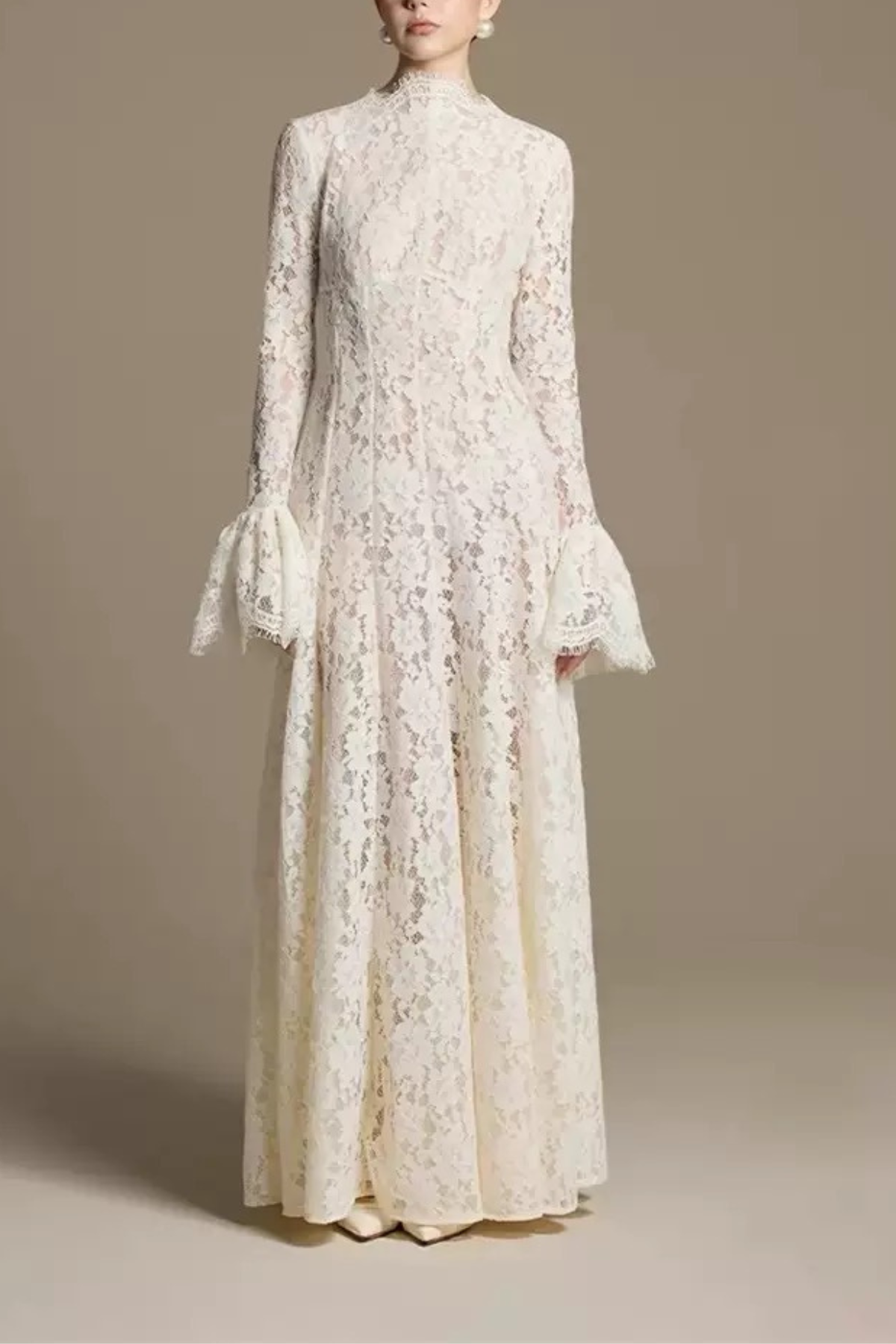 Vintage Lace High Neck Flare Sleeve Dress