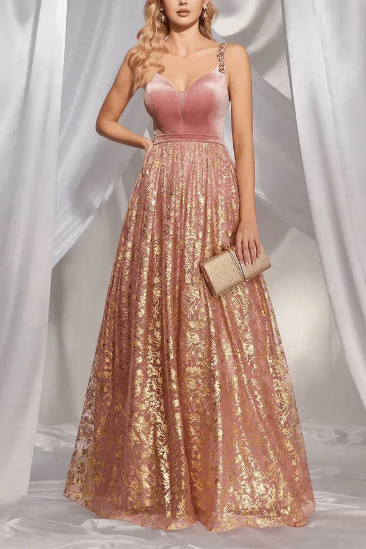 Pink Gold Floral Bustier A Line Maxi Dress
