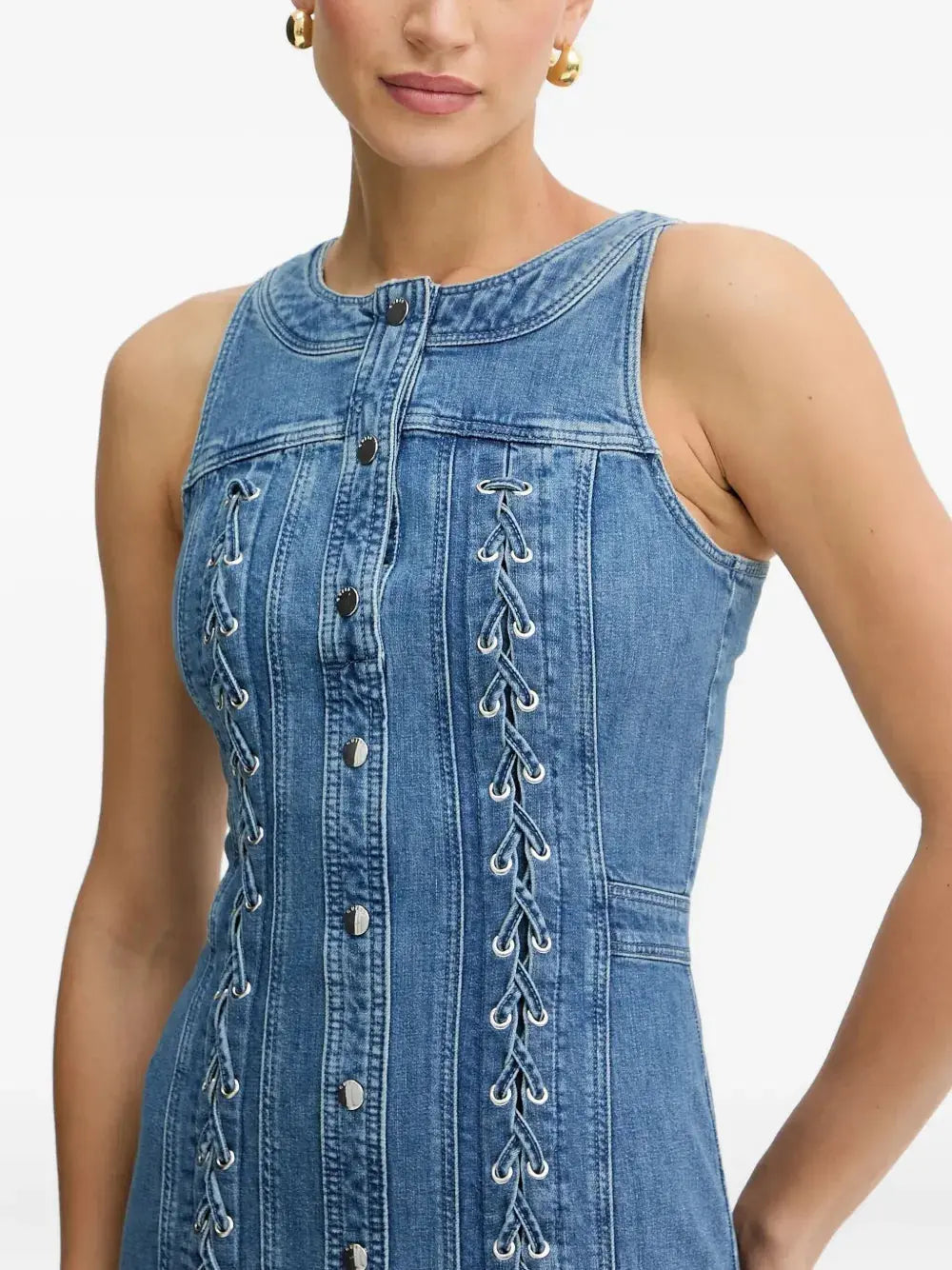 Buttoned Lace-Up Sleeveless Mini Dress in Navy Blue