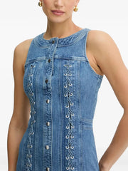 Buttoned Lace-Up Sleeveless Mini Dress in Navy Blue