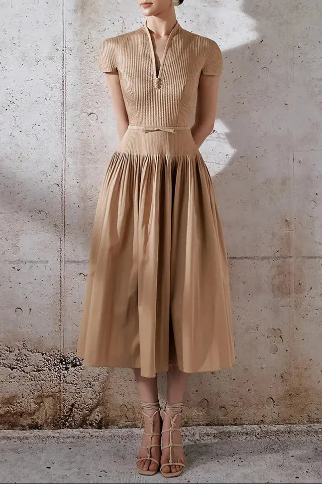 V-Neck Midi Dress in Khaki