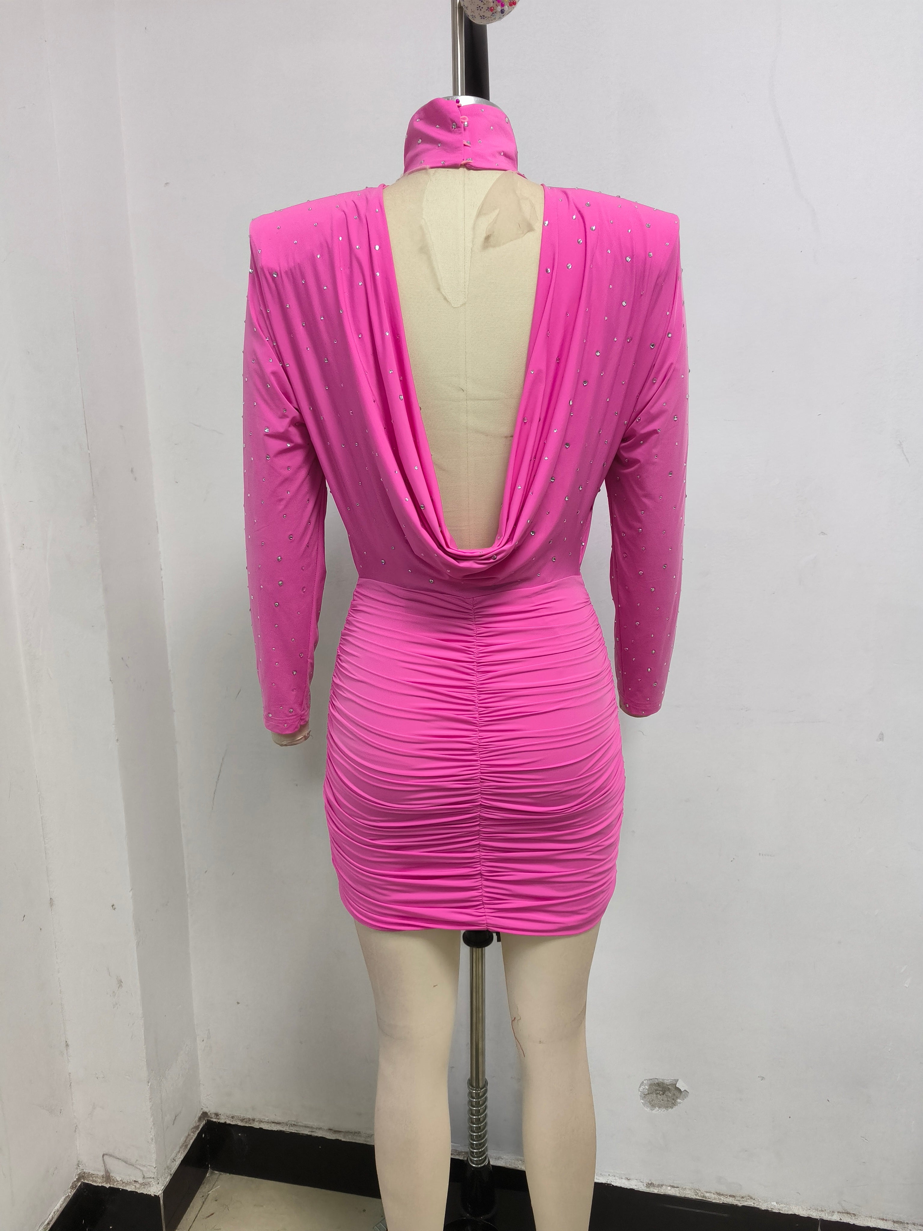 Crystal Embellished Ruched Bodycon Mini Dress in Pink