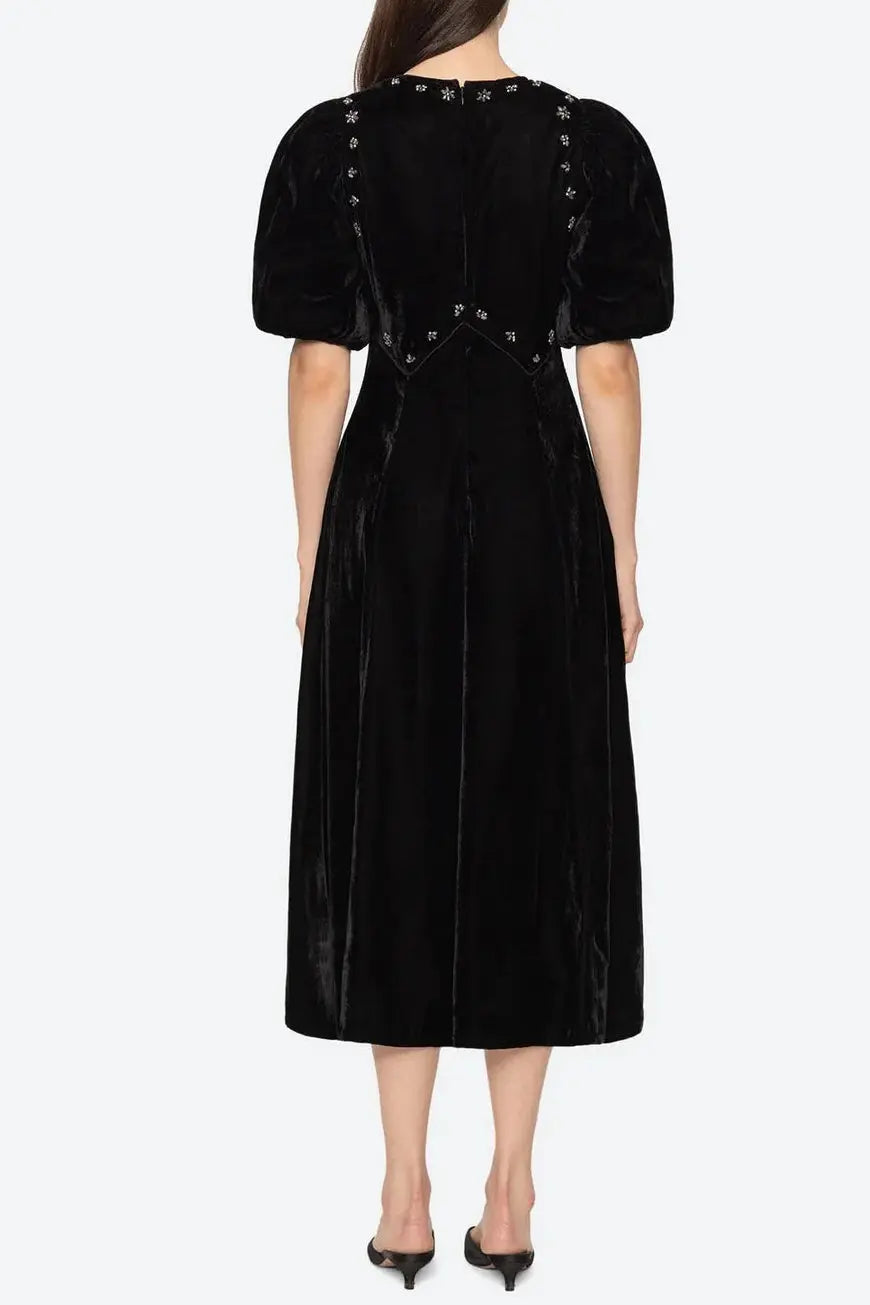 Black Rhinestone Embellished Puff Sleeve Maxi Dress