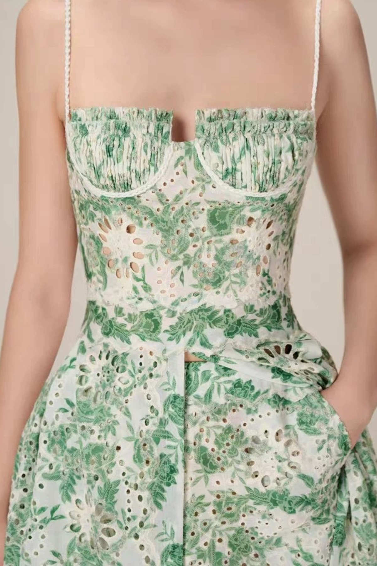 Green Floral Embroidered Halter Dress
