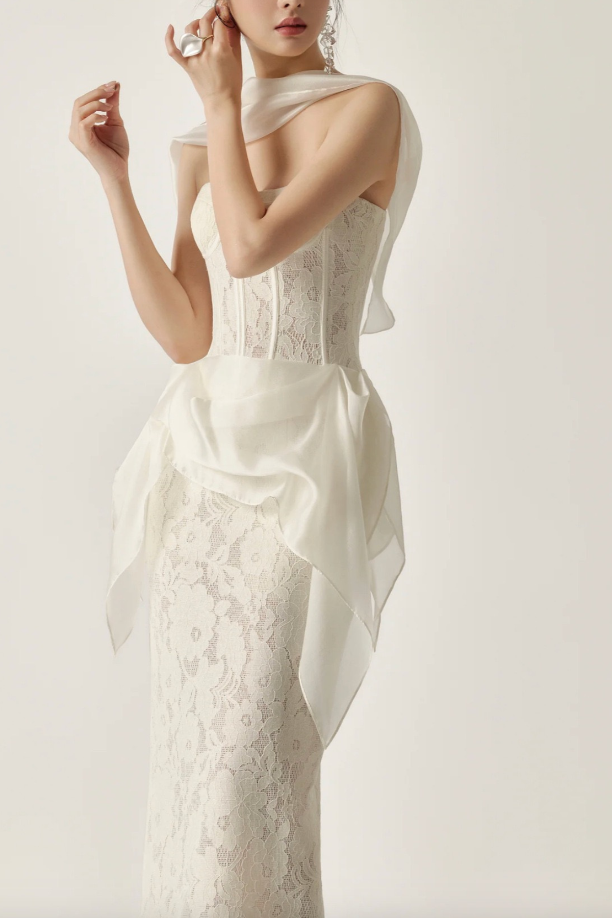 White Lace Corset Midi Satin Sash Dress with Flowy Sash
