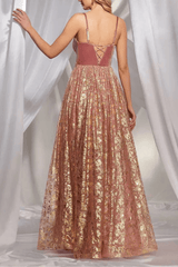 Pink Gold Floral Bustier A Line Maxi Dress