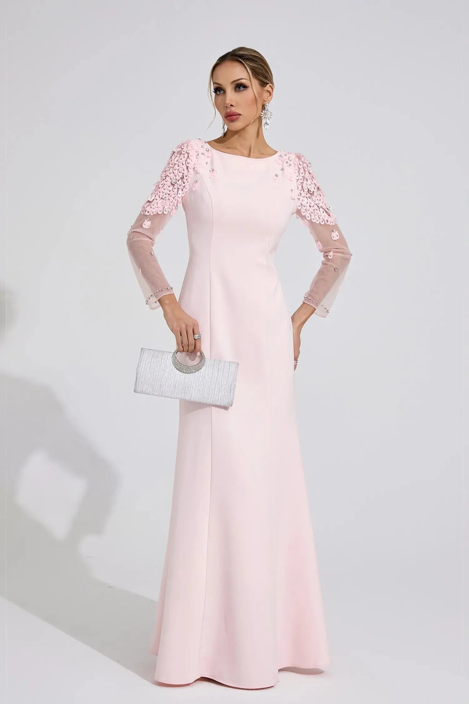 Pink Sequin Mesh Sleeve Maxi Dress