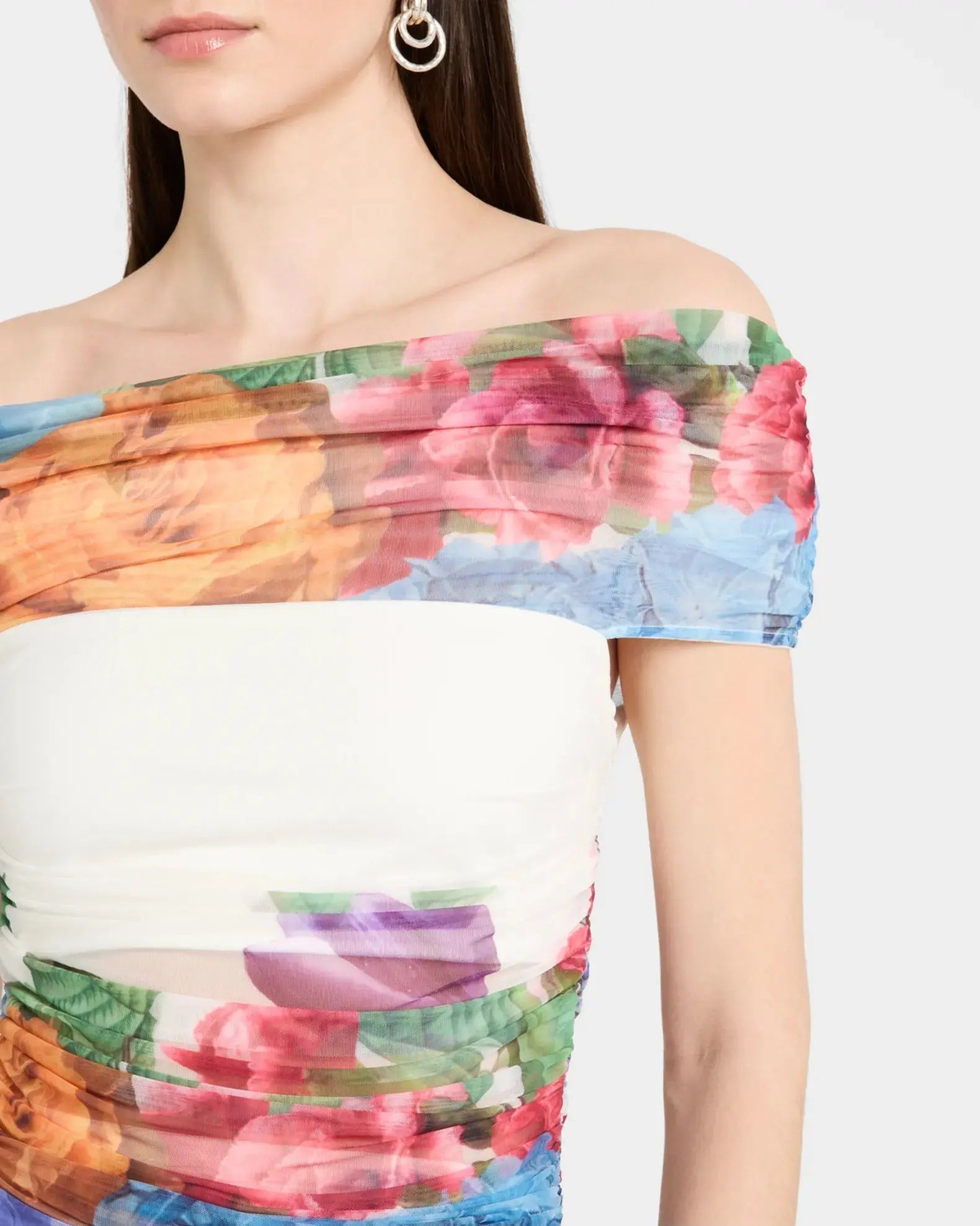 White Off-Shoulder Floral Print Ruched Top Skirt Set