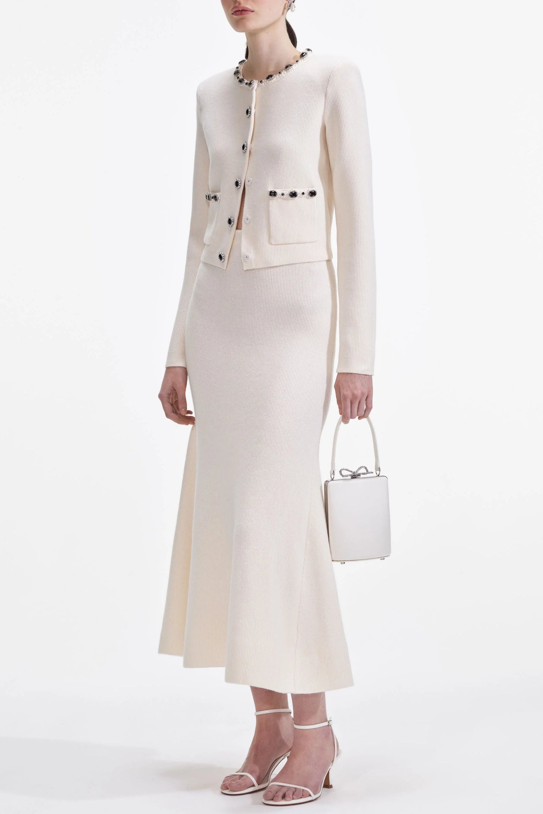 Cream Embellished Cardigan Skirt Set
