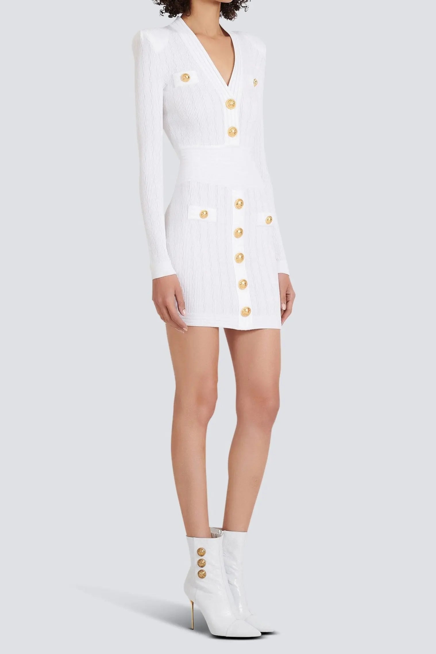 V-Neck Button-Detail Ribbed Mini Dress in White