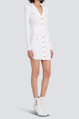 V-Neck Button-Detail Ribbed Mini Dress in White