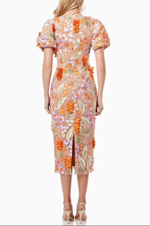 Mesh Embroidered 3D Flower V-neck Puff Sleeves Midi Dress in Orange