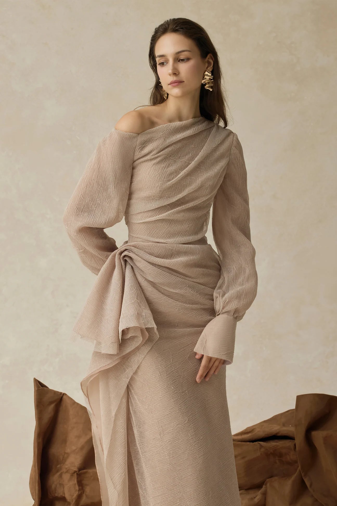 BriLong Sleeve Maxi Dress in Beige