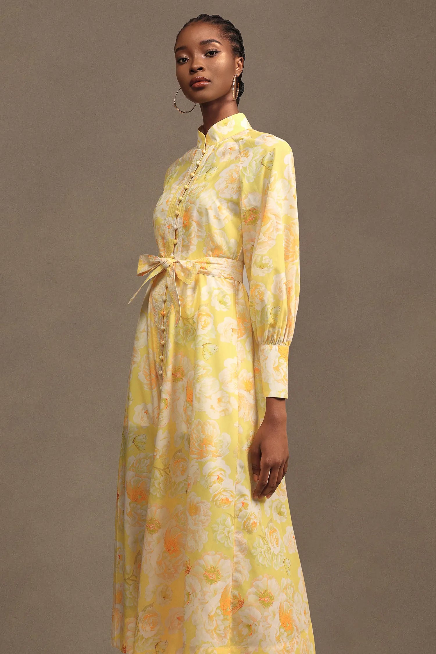 Long Sleeve Floral Printed Maxi Dress in Yellow