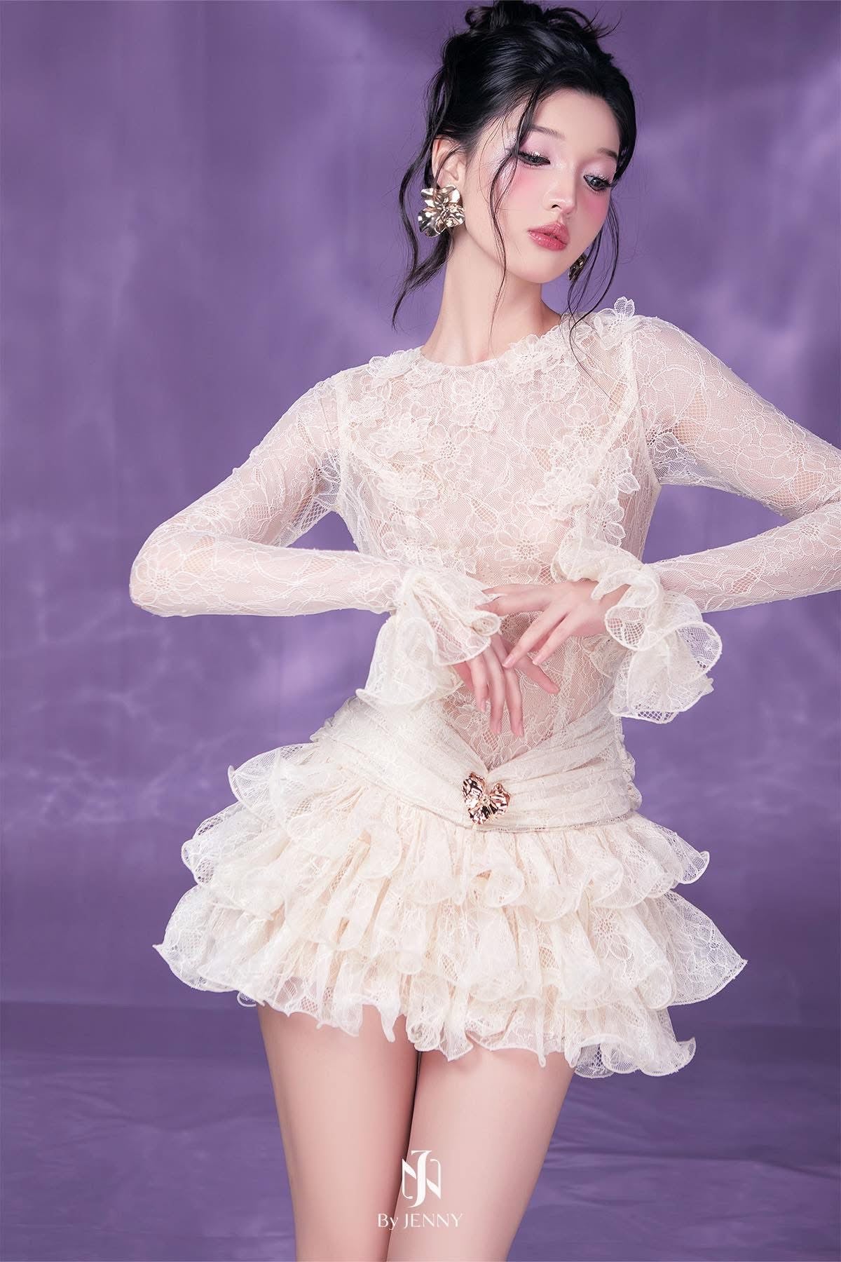 Lace Embroidery Ruched Trim Mini Dress in White