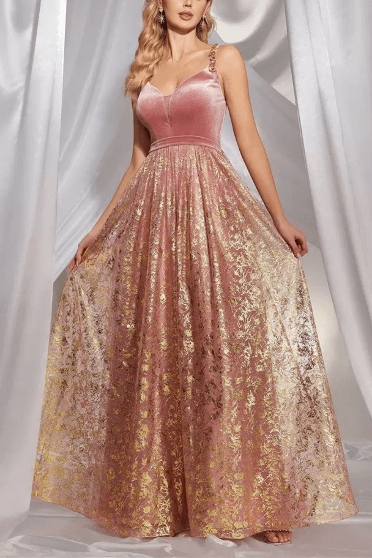 Pink Gold Floral Bustier A Line Maxi Dress