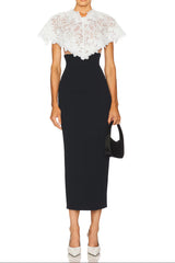 Lace Patchwork Shawl Bodycon Midi Dress in Black