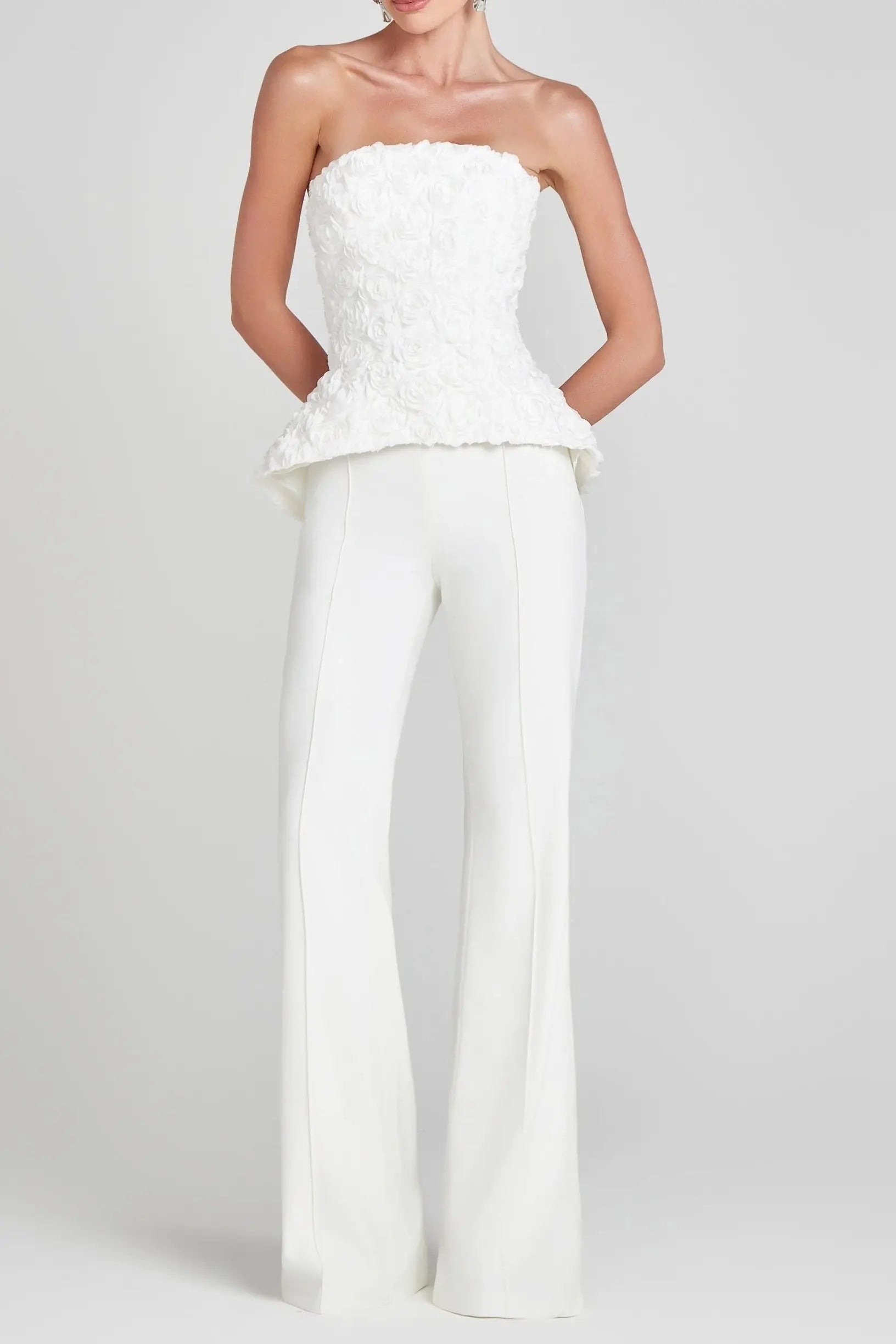 3D Flower Top Pants Set in White