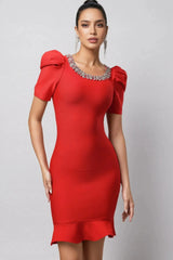 Red Short Sleeve Rhinestone Bandage Mini Dress