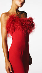 Stretch Feather Trimmed Gown in Red