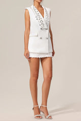 White V-Neck Sleeveless Diamond Midi Suit Top