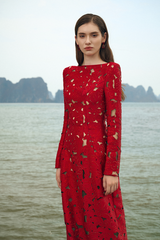 Rhinestone Boat Neck Floral Hollow Lasercut Maxi Dress - Red