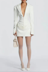 V-Neck Ruched Blazer Mini Dress in White