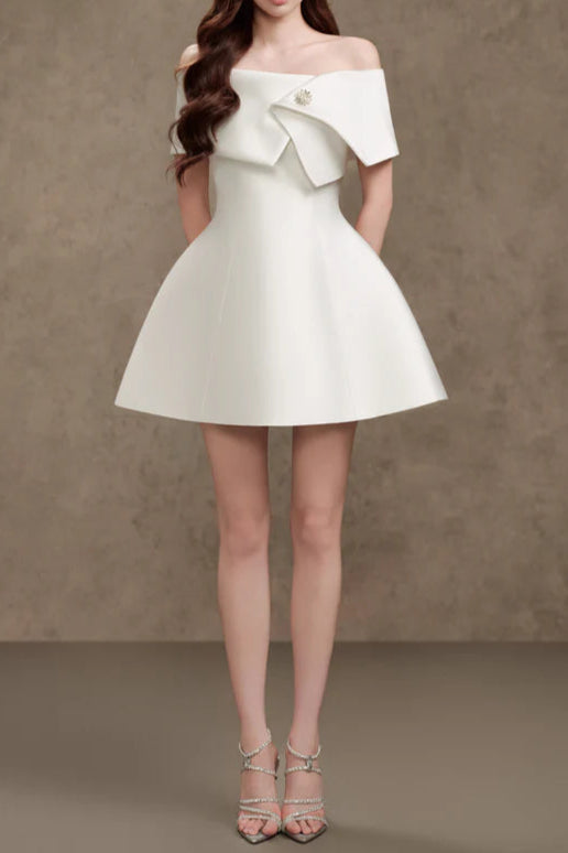 BriOne-Shoulder Satin Mini Dress in Apricot