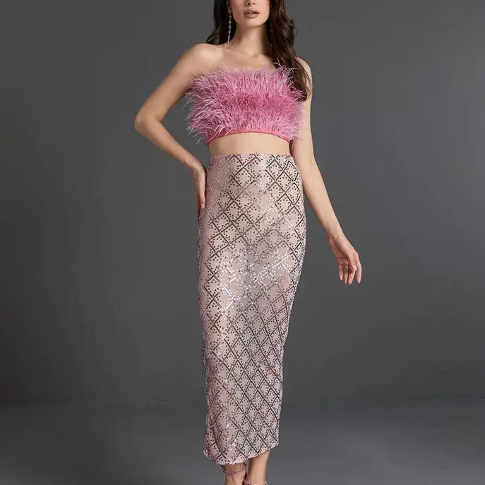 Pink Feather Top Sequin Midi Skirt Set