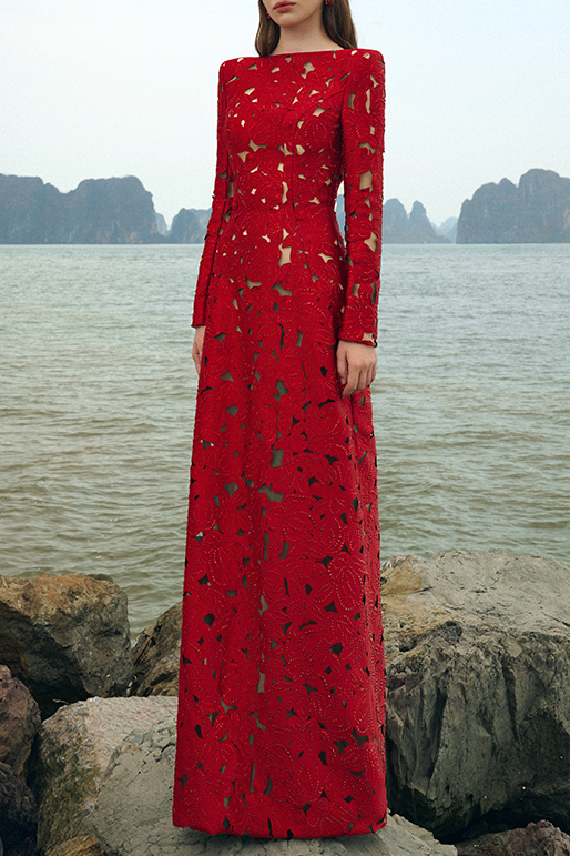 Rhinestone Boat Neck Floral Hollow Lasercut Maxi Dress - Red