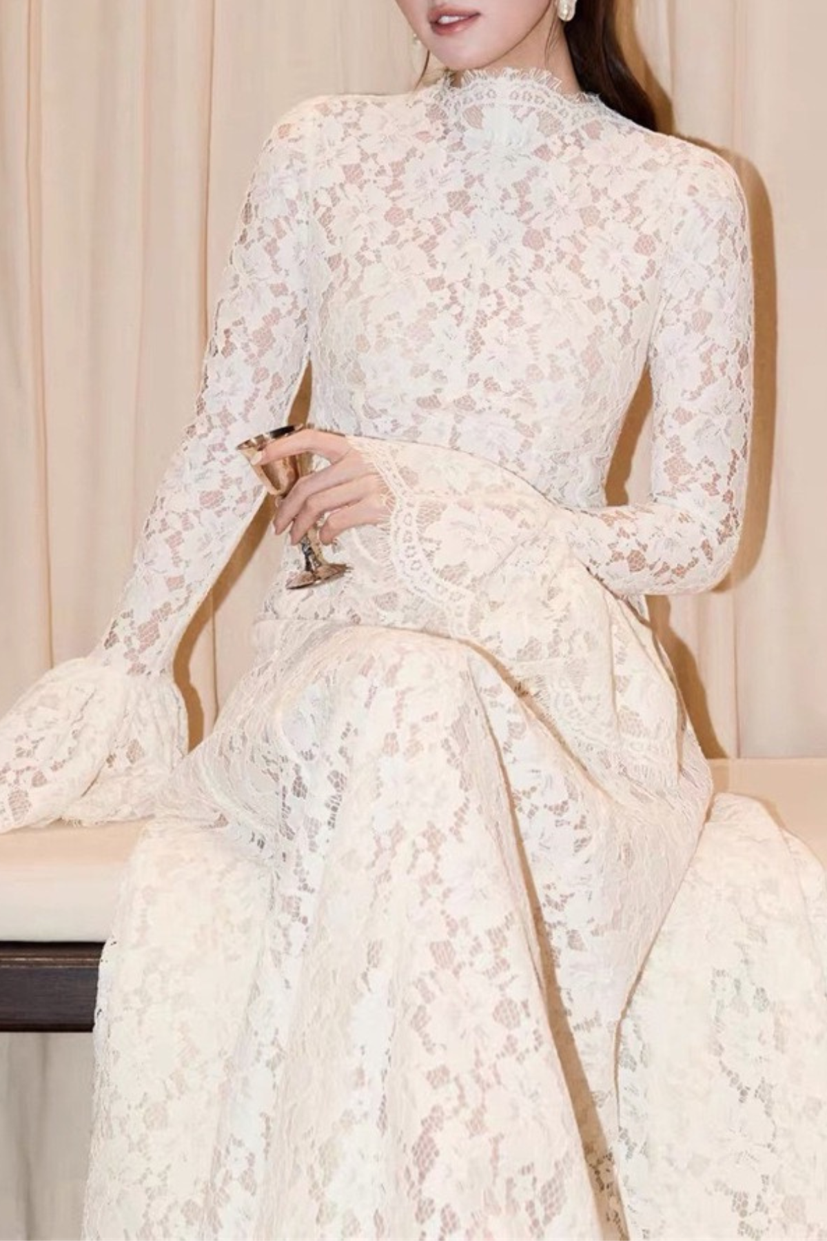 Vintage Lace High Neck Flare Sleeve Dress