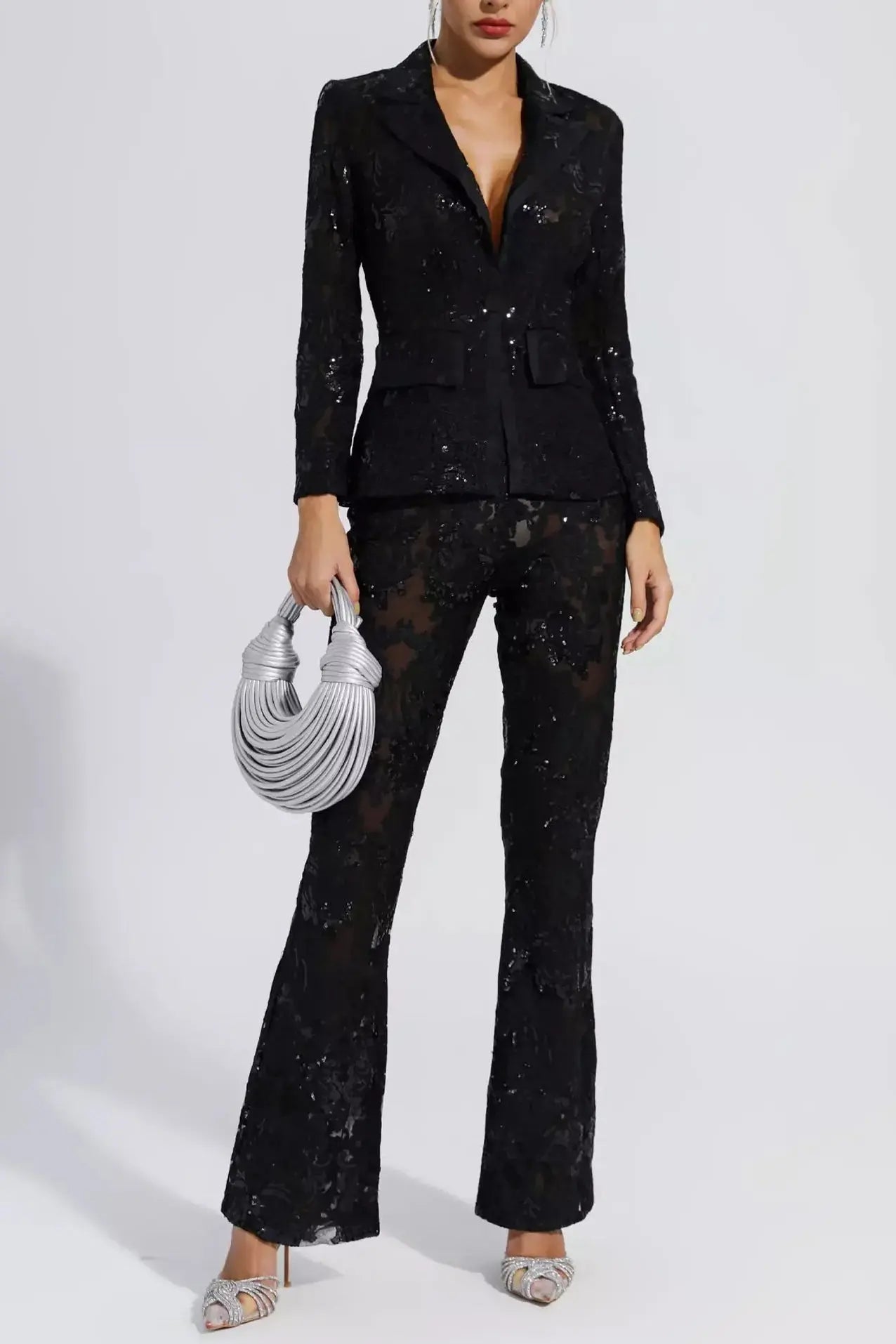 Black Cutout Floral Embroidered Sequin Blazer Set