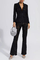 Black Cutout Floral Embroidered Sequin Blazer Set