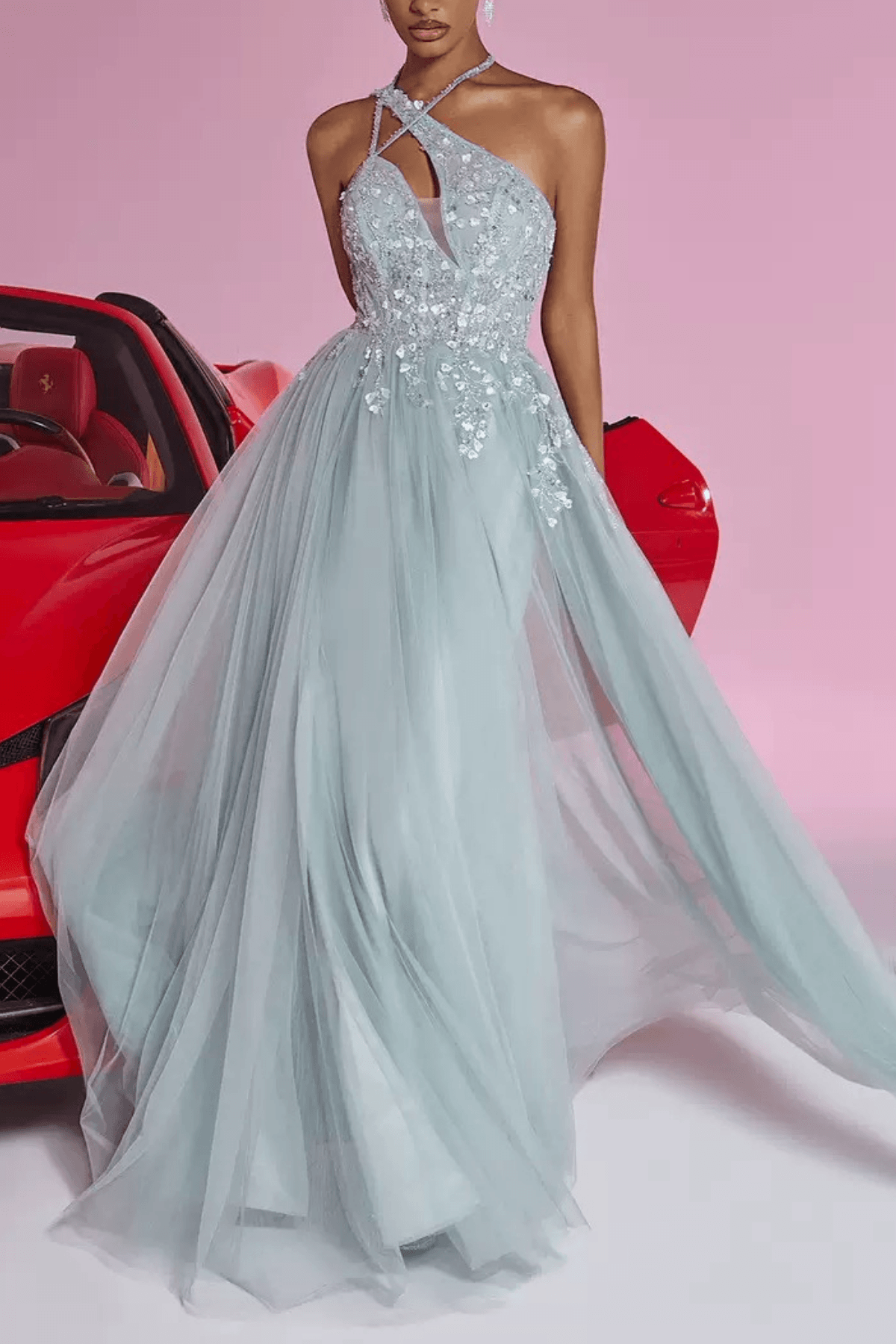 Light Blue Sequin Halter Neck Prom Maxi Dress