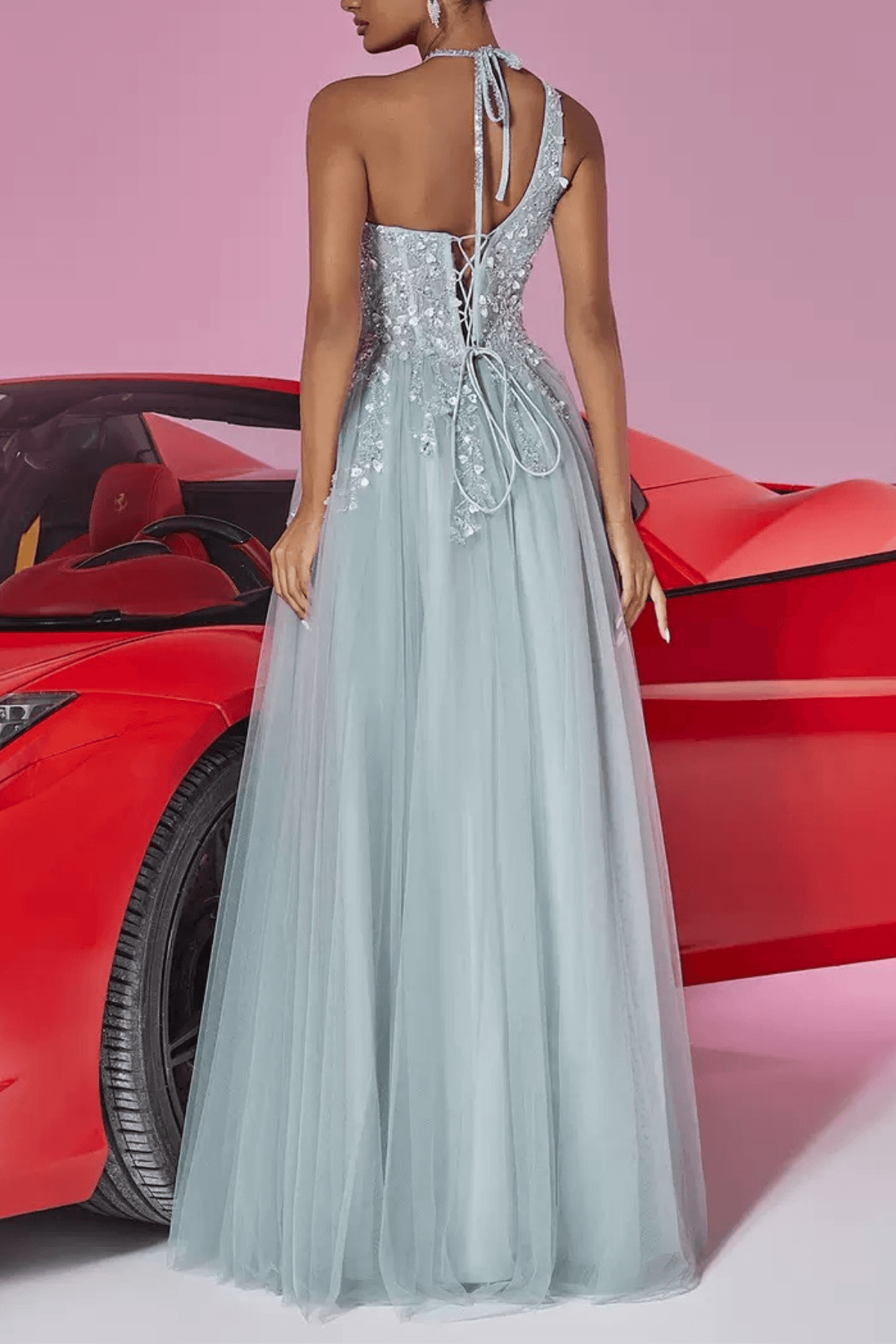 Light Blue Sequin Halter Neck Prom Maxi Dress