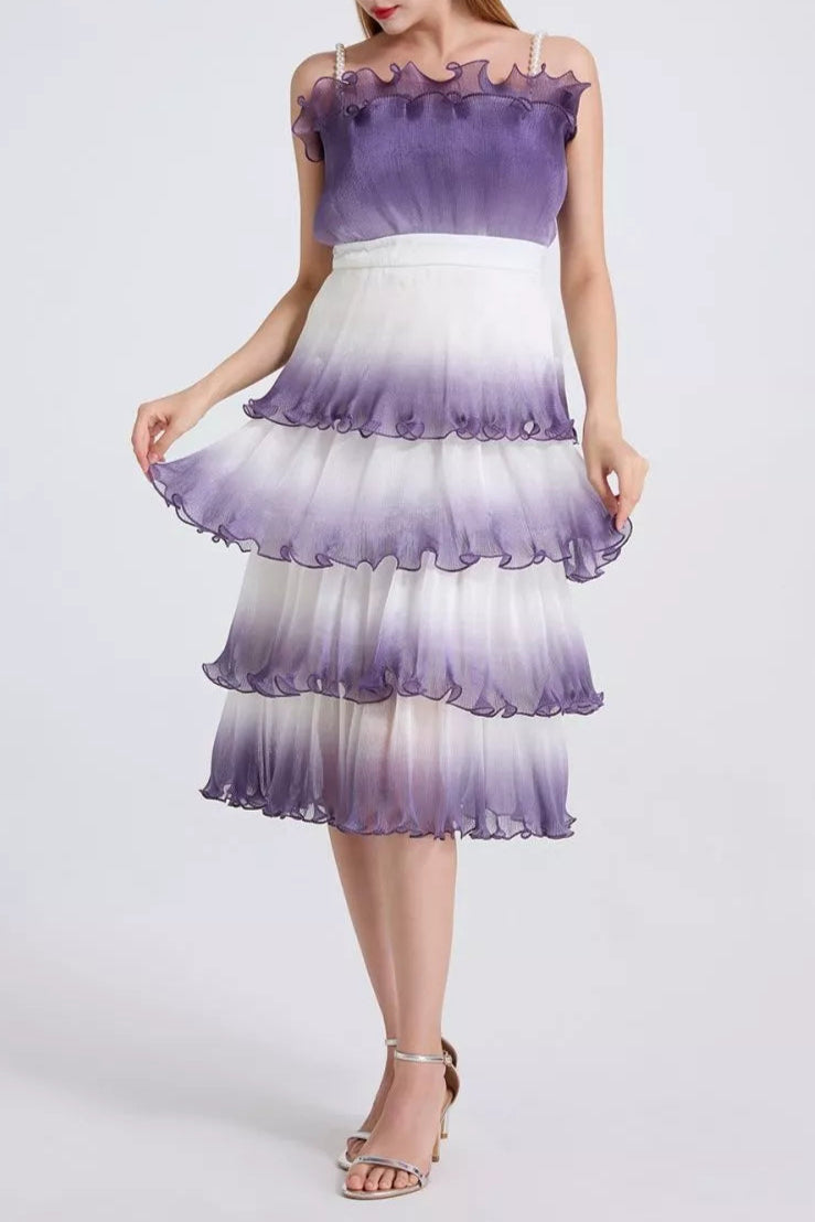 Purple Gradient Ruffle Trim Layered Mini Dress