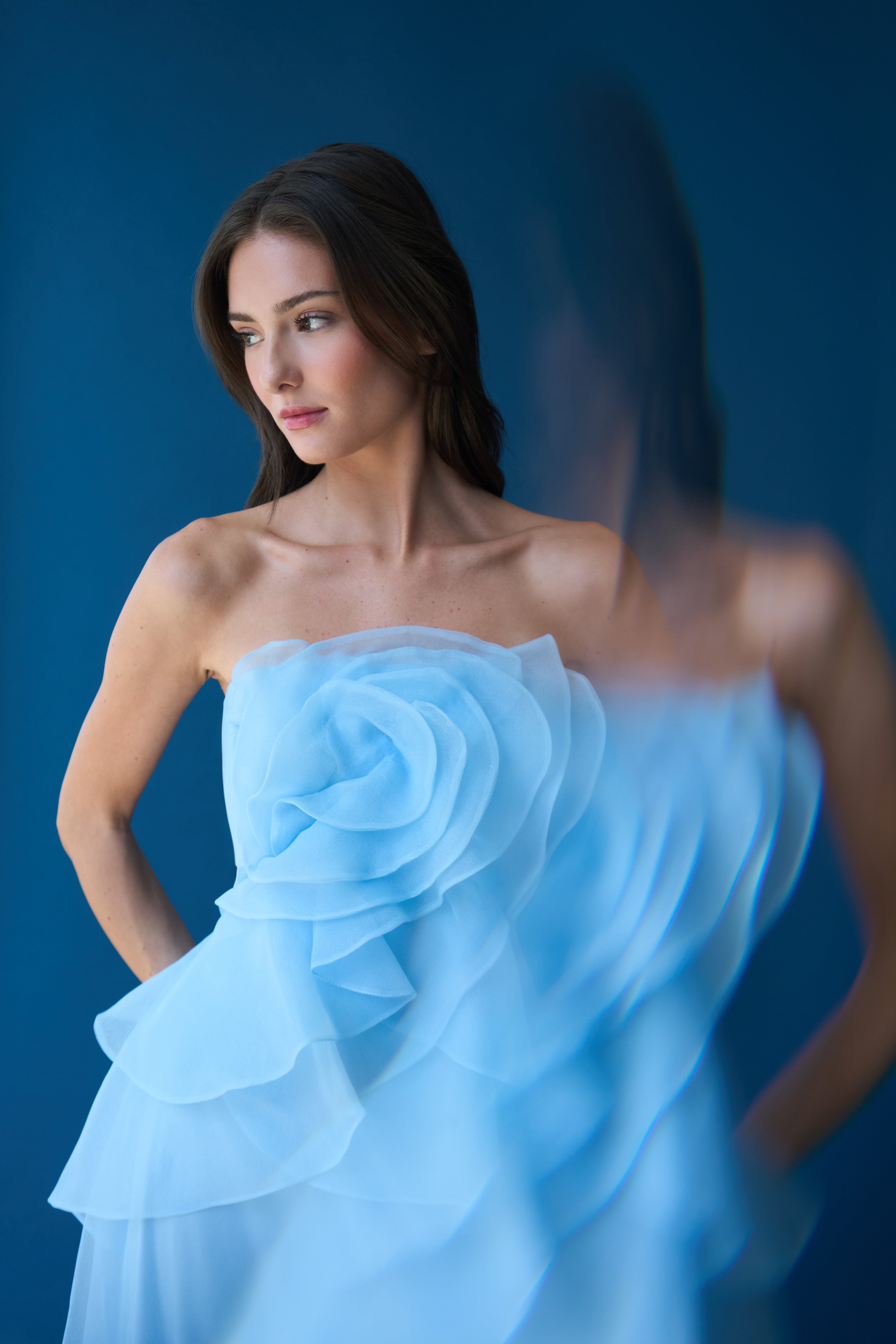 Off-Shoulder Flower Ruffle Maxi Dress - Blue