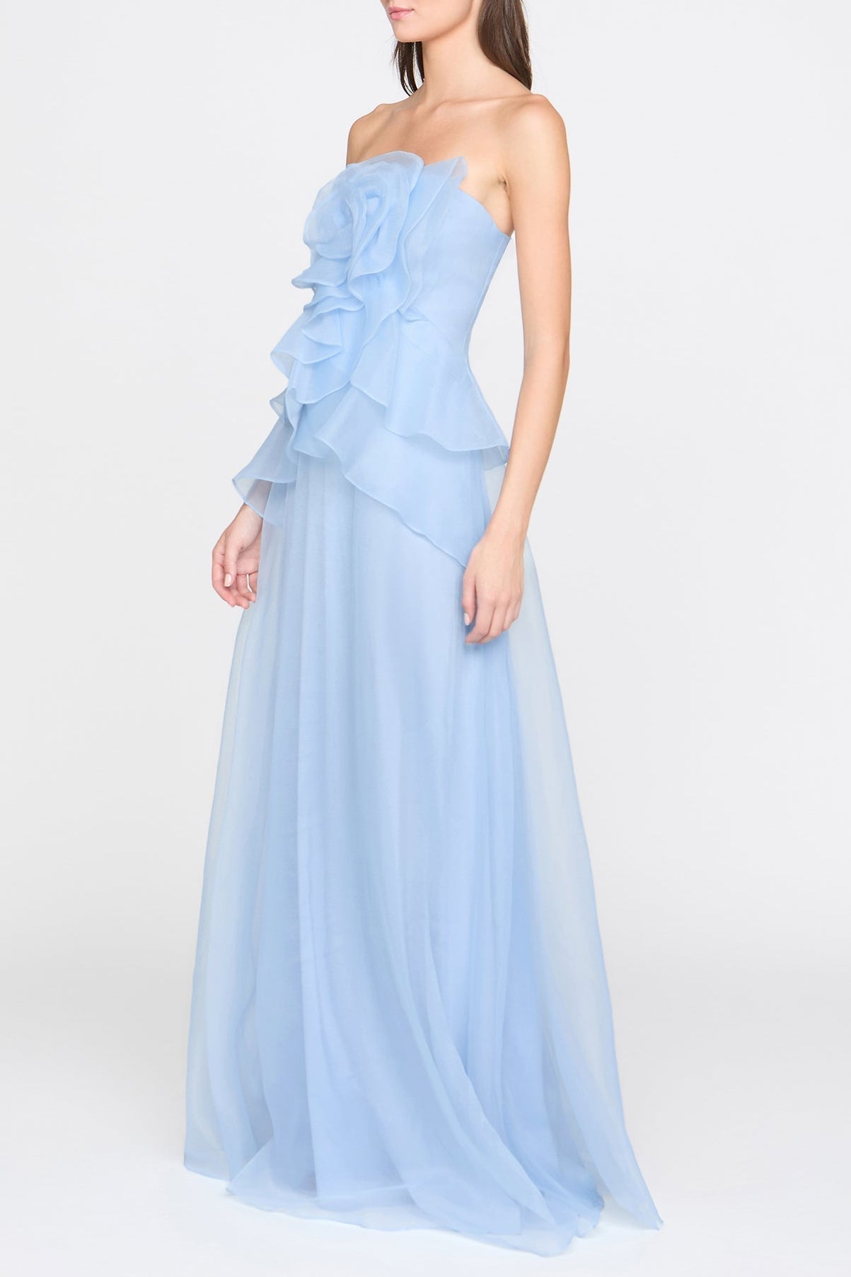 Off-Shoulder Flower Ruffle Maxi Dress - Blue