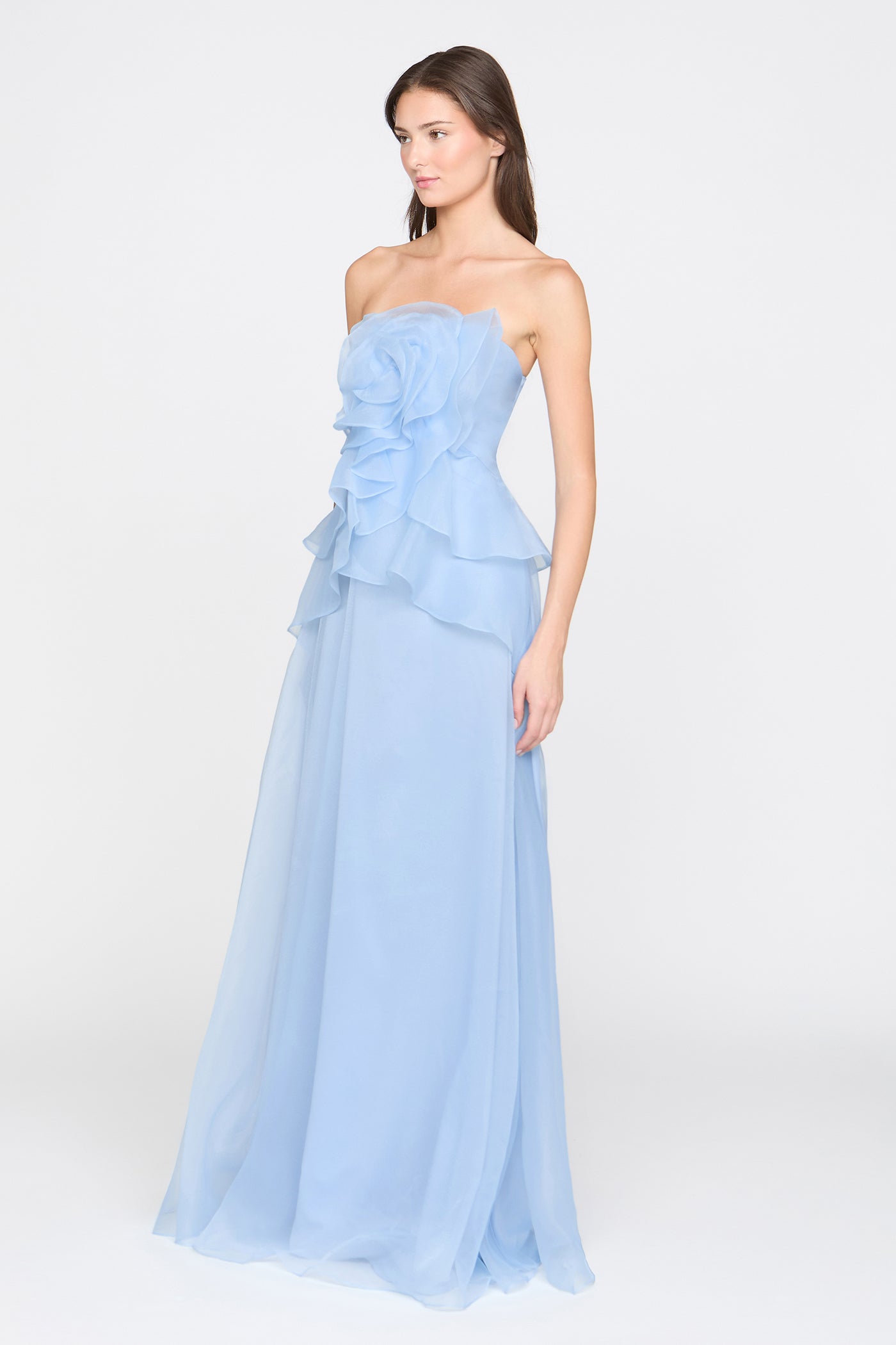 Off-Shoulder Flower Ruffle Maxi Dress - Blue