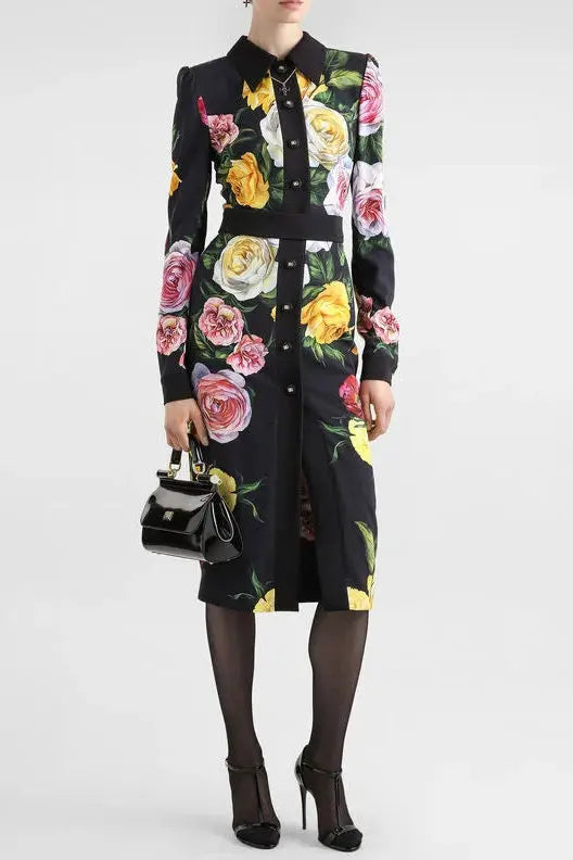 Rose Print Shirt Midi Dress in Black