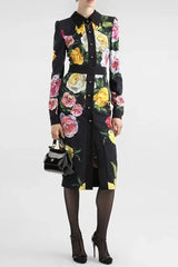 Rose Print Shirt Midi Dress in Black