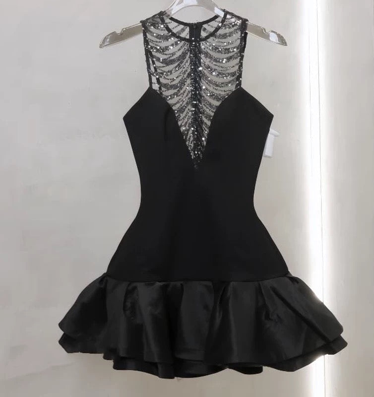 Sequin Ruched Hem Mini Dress in Black