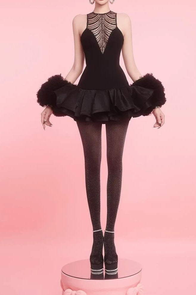 Sequin Ruched Hem Mini Dress in Black