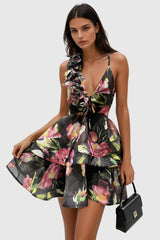 Floral Ruffle Mini Dress - Black