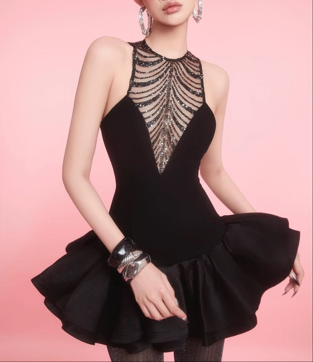 Sequin Ruched Hem Mini Dress in Black