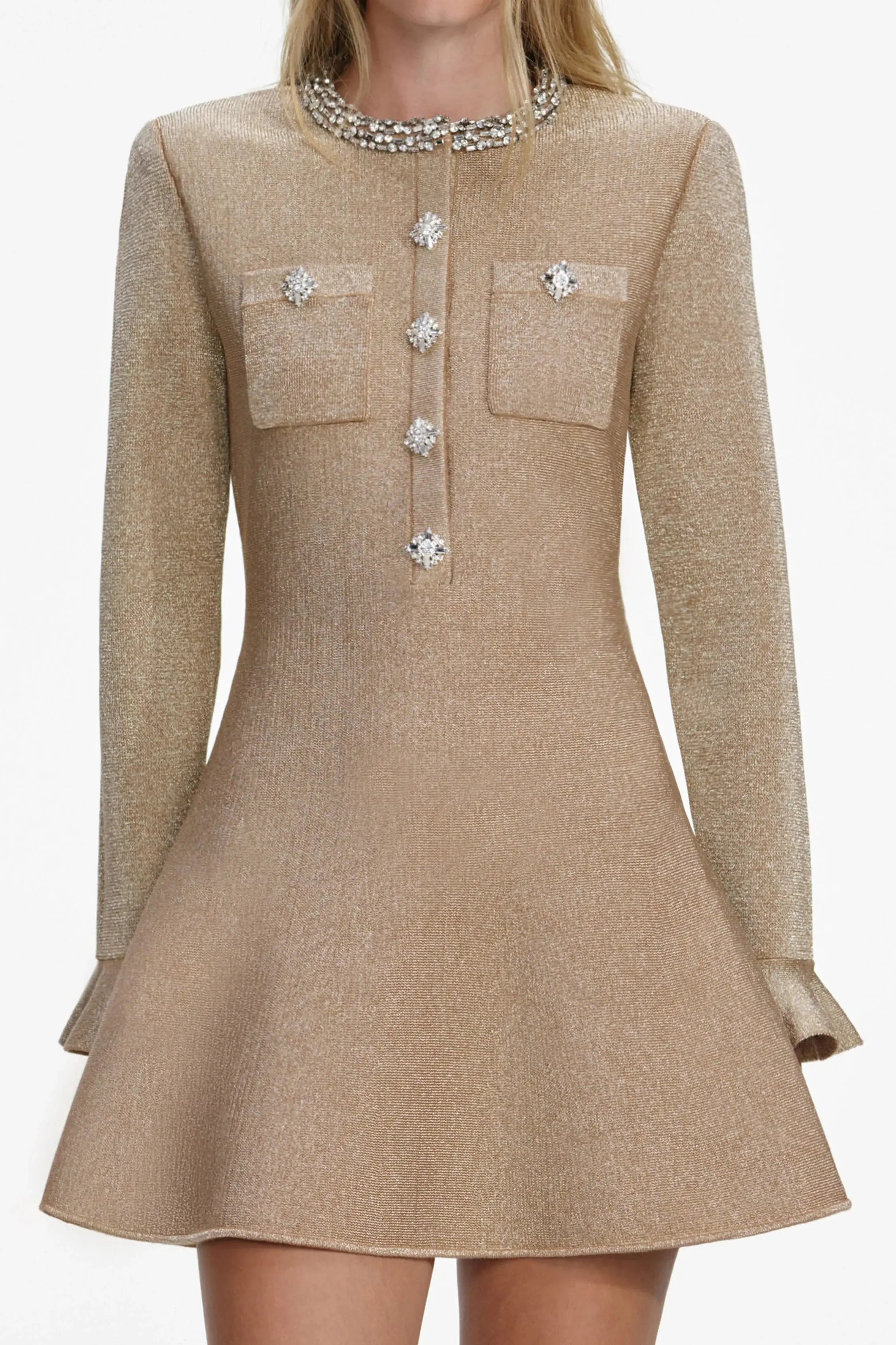 Gold Crystal Trim Knit Mini Dress