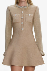 Gold Crystal Trim Knit Mini Dress