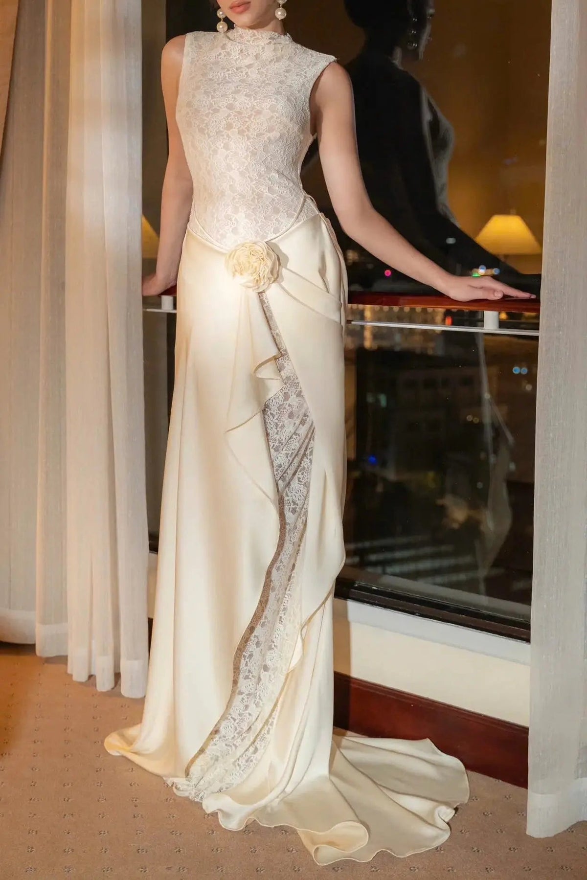 Flower Embellished Sleeveless Lace Maxi Dress in White