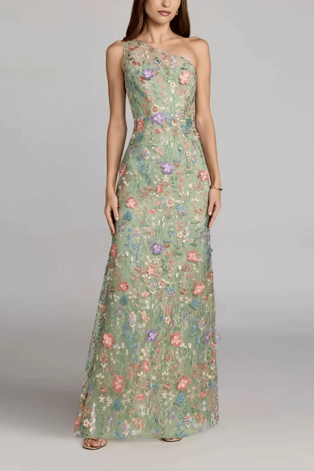 Green Floral One Shoulder Embroidered Maxi Dress