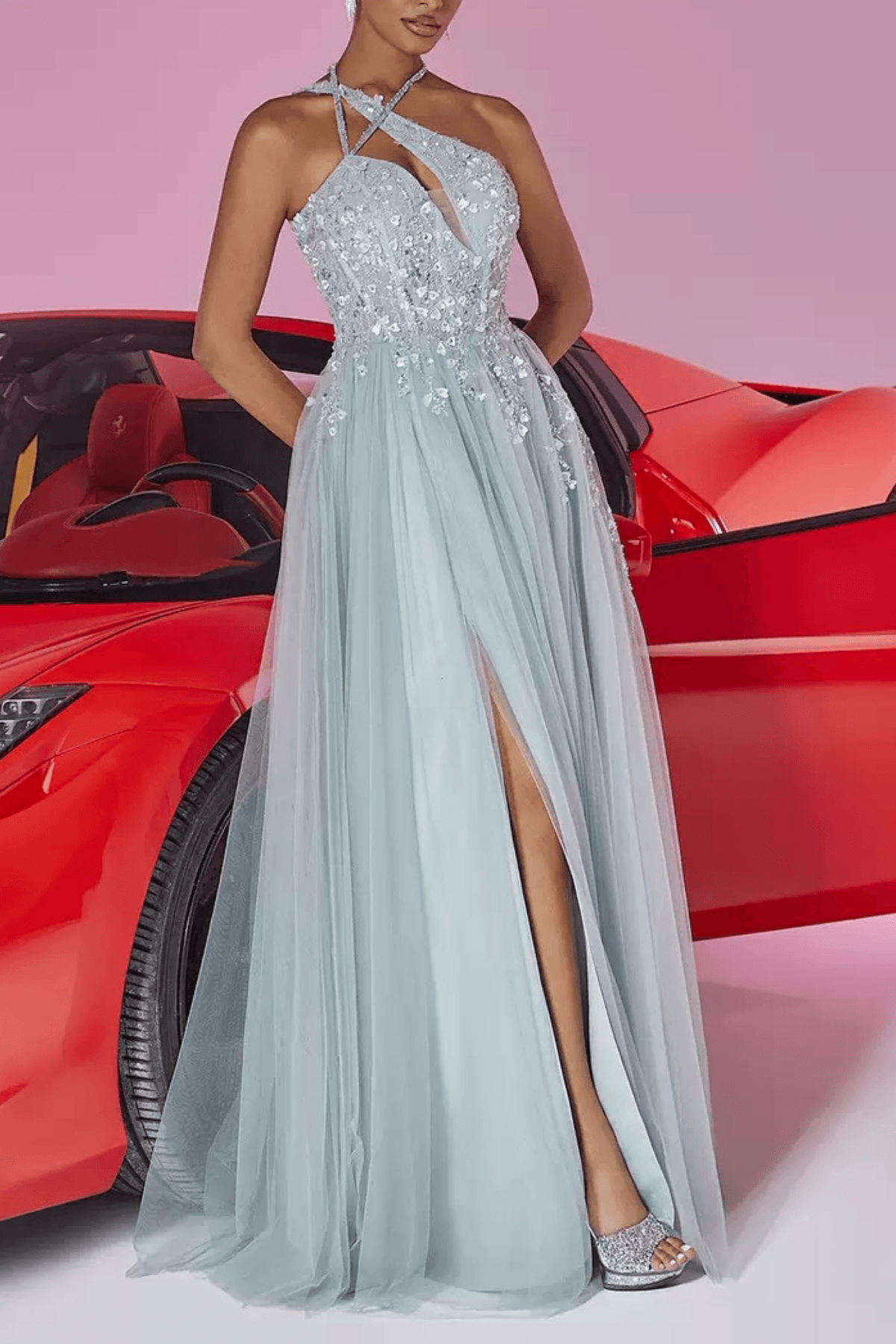 Light Blue Sequin Halter Neck Prom Maxi Dress